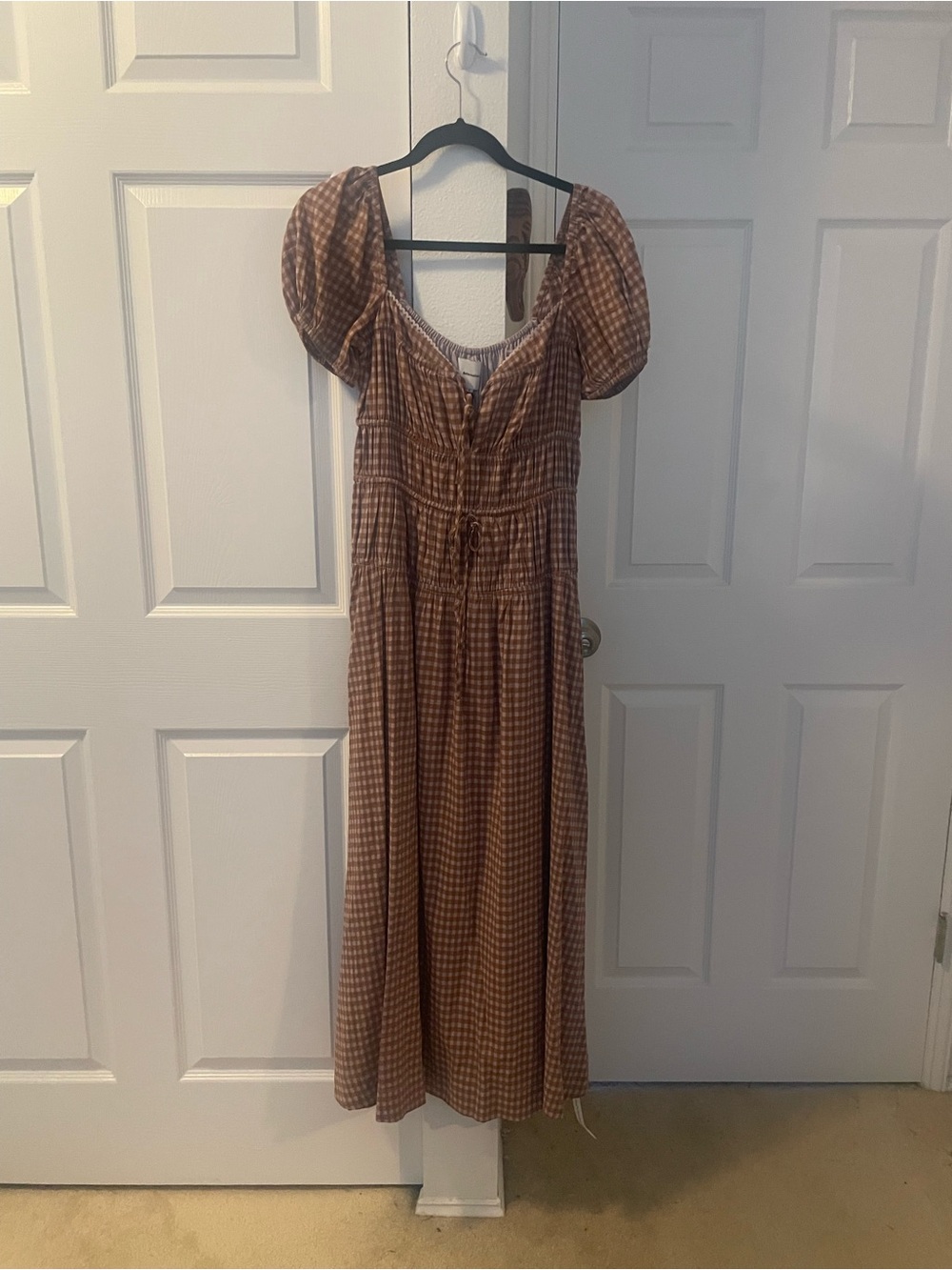 Reformation Brown Gingham Puff-Sleeve Maxi Dress